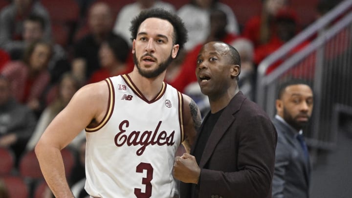 Mar 9, 2024; Louisville, Kentucky, USA;  Boston College Eagles head coach Earl Grant talks with guard Jaeden Zackery (3) during the first half against the Louisville Cardinals at KFC Yum! Center. Boston College defeated Louisville 67-61.Mandatory Credit: Jamie Rhodes-USA TODAY Sports