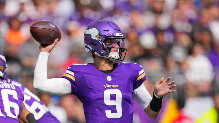 Aug 10, 2024; Minneapolis, Minnesota, USA; Minnesota Vikings quarterback J.J. McCarthy (9) passes against the Las Vegas Raiders in the second quarter at U.S. Bank Stadium.  