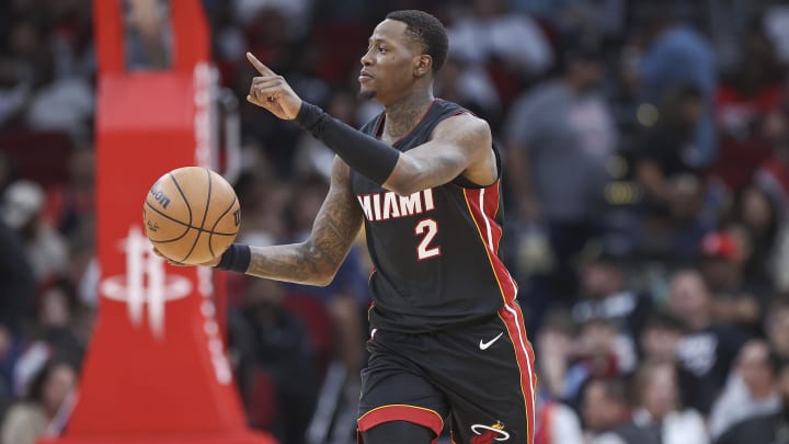 Apr 5, 2024; Houston, Texas, USA; Miami Heat guard Terry Rozier (2) brings the ball up the court during the third quarter against the Houston Rockets at Toyota Center. Mandatory Credit: Troy Taormina-USA TODAY Sports