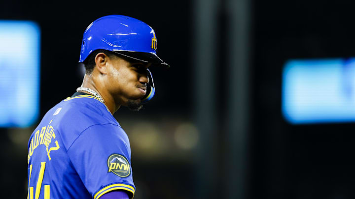 Seattle Mariners center fielder Julio Rodriguez (44) looks towards the New York Yankees dugout in between pitches during the third inning at T-Mobile Park on Sept 17.