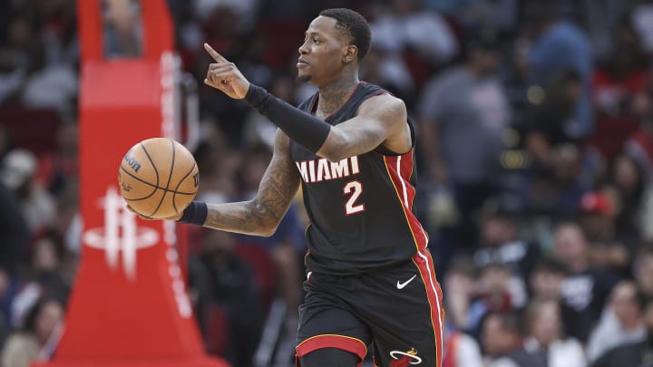 Apr 5, 2024; Houston, Texas, USA; Miami Heat guard Terry Rozier (2) brings the ball up the court; Credit: Troy Taormina-USA TODAY Sports
