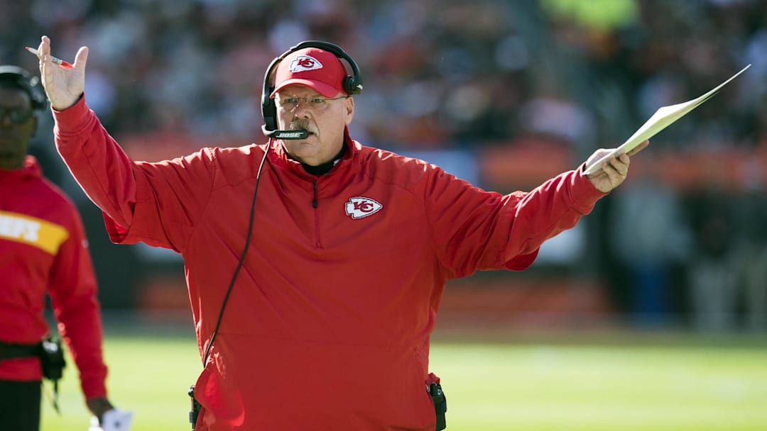 Nov 4, 2018; Cleveland, OH, USA; Kansas City Chiefs head coach Andy Reid reacts to a play during the first half against the Cleveland Browns at FirstEnergy Stadium. Mandatory Credit: Ken Blaze-Imagn Images