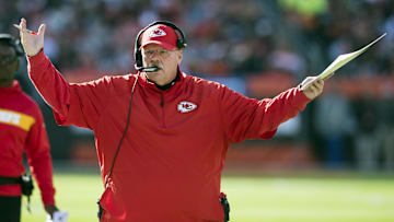 Nov 4, 2018; Cleveland, OH, USA; Kansas City Chiefs head coach Andy Reid reacts to a play during the first half against the Cleveland Browns at FirstEnergy Stadium. Mandatory Credit: Ken Blaze-Imagn Images