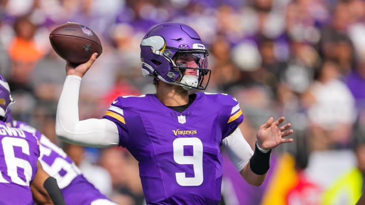 Aug 10, 2024; Minneapolis, Minnesota, USA; Minnesota Vikings quarterback J.J. McCarthy (9) passes against the Las Vegas Raiders in the second quarter at U.S. Bank Stadium. Mandatory Credit: Brad Rempel-USA TODAY Sports