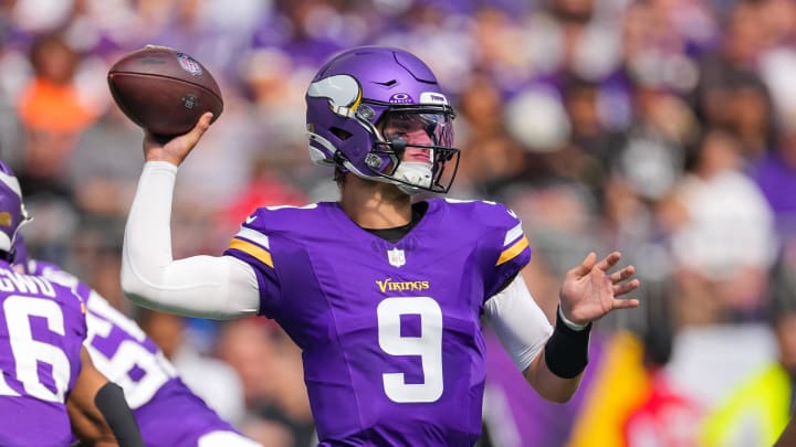 Aug 10, 2024; Minneapolis, Minnesota, USA; Minnesota Vikings quarterback J.J. McCarthy (9) passes against the Las Vegas Raiders in the second quarter at U.S. Bank Stadium.