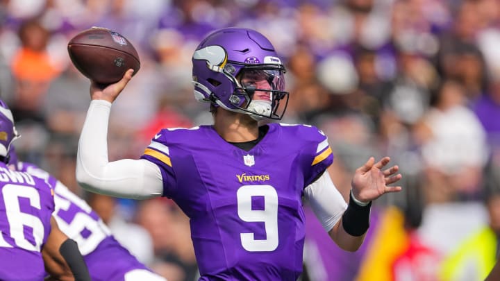 Aug 10, 2024; Minneapolis, Minnesota, USA; Minnesota Vikings quarterback J.J. McCarthy (9) passes against the Las Vegas Raiders in the second quarter at U.S. Bank Stadium. Mandatory Credit: Brad Rempel-USA TODAY Sports