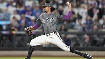 May 10, 2025; New York City, New York, USA; New York Mets pitcher Genesis Cabrera (92)  delivers a pitch against the Chicago Cubs during the seventh inning at Citi Field. Mandatory Credit: Gregory Fisher-Imagn Images