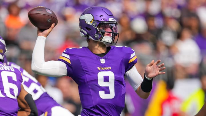 Aug 10, 2024; Minneapolis, Minnesota, USA; Minnesota Vikings quarterback J.J. McCarthy (9) passes against the Las Vegas Raiders in the second quarter at U.S. Bank Stadium. Mandatory Credit: Brad Rempel-USA TODAY Sports