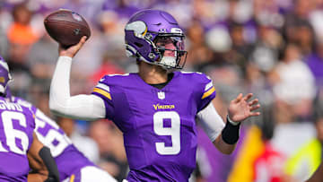 Aug 10, 2024; Minneapolis, Minnesota, USA; Minnesota Vikings quarterback J.J. McCarthy (9) passes against the Las Vegas Raiders in the second quarter at U.S. Bank Stadium. Mandatory Credit: Brad Rempel-Imagn Images