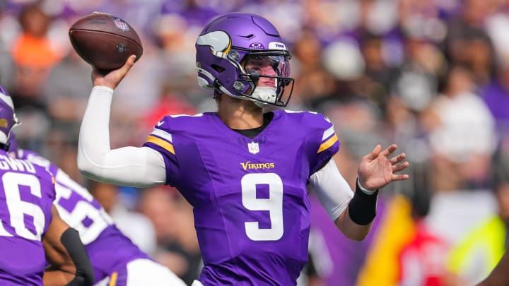 Aug 10, 2024; Minneapolis, Minnesota, USA; Minnesota Vikings quarterback J.J. McCarthy (9) passes against the Las Vegas Raiders in the second quarter at U.S. Bank Stadium. Mandatory Credit: Brad Rempel-USA TODAY Sports