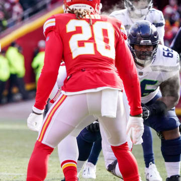 Dec 24, 2022; Kansas City, Missouri, USA; Seattle Seahawks offensive tackle Abraham Lucas (72) at the line of scrimmage against the Kansas City Chiefs during the game at GEHA Field at Arrowhead Stadium. 