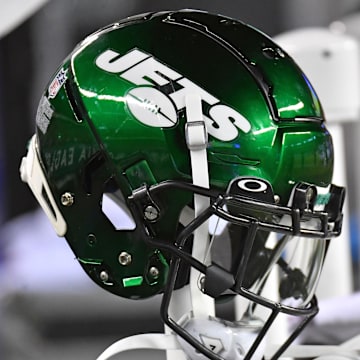Aug 12, 2022; Philadelphia, Pennsylvania, USA; New York Jets helmet on the sidelines against the Philadelphia Eagles at Lincoln Financial Field. Mandatory Credit: Eric Hartline-Imagn Images