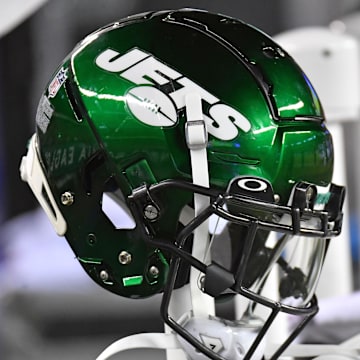Aug 12, 2022; Philadelphia, Pennsylvania, USA; New York Jets helmet on the sidelines against the Philadelphia Eagles at Lincoln Financial Field. Mandatory Credit: Eric Hartline-Imagn Images
