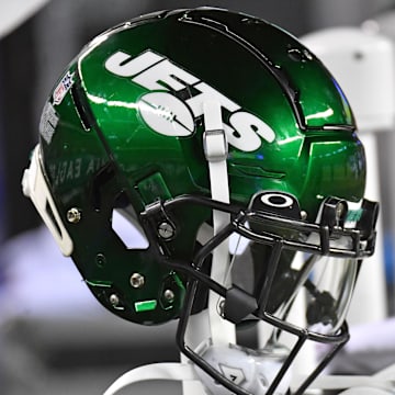 Aug 12, 2022; Philadelphia, Pennsylvania, USA; New York Jets helmet on the sidelines against the Philadelphia Eagles at Lincoln Financial Field. Mandatory Credit: Eric Hartline-Imagn Images