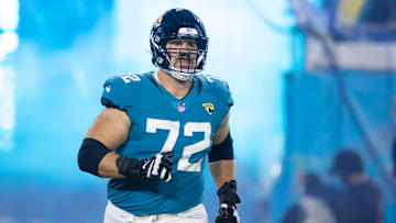 Jan 14, 2023; Jacksonville, Florida, USA; Jacksonville Jaguars offensive tackle Walker Little (72) against the Los Angeles Chargers during a wild card playoff game at TIAA Bank Field. Mandatory Credit: Mark J. Rebilas-Imagn Images