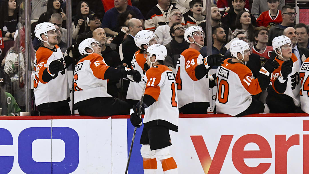Dec 23, 2025; Chicago, Illinois, USA; Philadelphia Flyers right wing Travis Konecny (11) celebrates with teammates after scoring against the Chicago Blackhawks during the first period at United Center. Mandatory Credit: Matt Marton-Imagn Images Dec 23, 2025; Chicago, Illinois, USA; Philadelphia Flyers right wing Travis Konecny (11) celebrates with teammates after scoring against the Chicago Blackhawks during the first period at United Center. Mandatory Credit: Matt Marton-Imagn Images