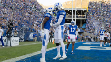 BYU receivers Darius Lassiter and Chase Roberts celebrate in the endzone