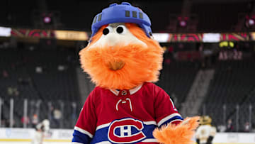 Feb 4, 2022; Las Vegas, Nevada, USA; Montreal Canadiens    mascot Youppi! skates in the mascot game during the 2022 NHL All-Star Game Skills Competition at T-Mobile Arena. Mandatory Credit: Stephen R. Sylvanie-Imagn Images