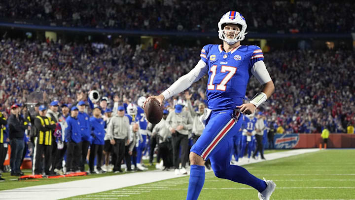 Sep 7, 2025; Orchard Park, New York, USA;  Buffalo Bills quarterback Josh Allen (17) -rtb for a touchdown during the fourth quarter