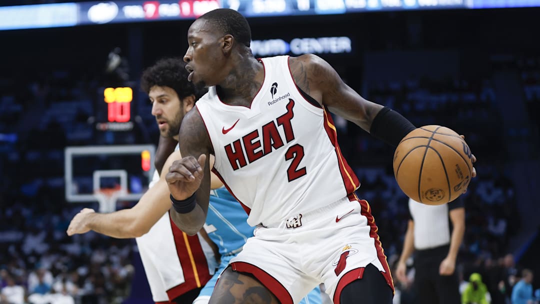 Oct 26, 2024; Charlotte, North Carolina, USA; Miami Heat guard Terry Rozier (2) drives the baseline against the Charlotte Hornets during the first quarter at Spectrum Center. Mandatory Credit: Nell Redmond-Imagn Images