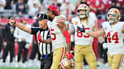 Jan 5, 2025; Glendale, Arizona, USA; San Francisco 49ers wide receiver Jauan Jennings (15) is ejected in the first half against the Arizona Cardinals at State Farm Stadium. Mandatory Credit: Matt Kartozian-Imagn Images