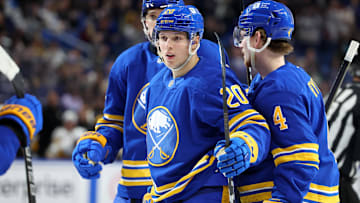 Mar 27, 2025; Buffalo, New York, USA;  Buffalo Sabres center Jiri Kulich (20) celebrates his goal with teammates during the second period against the Pittsburgh Penguins at KeyBank Center. Mandatory Credit: Timothy T. Ludwig-Imagn Images
