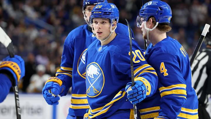 Mar 27, 2025; Buffalo, New York, USA;  Buffalo Sabres center Jiri Kulich (20) celebrates his goal with teammates during the second period against the Pittsburgh Penguins at KeyBank Center. Mandatory Credit: Timothy T. Ludwig-Imagn Images