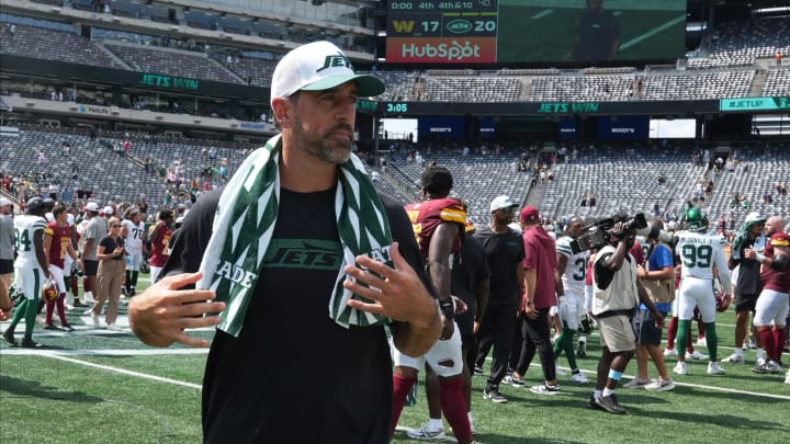 East Rutherford, NJ -- August 10, 2024 -- Aaron Rodgers at the end of the game as the Washington Commanders came to MetLife Stadium to play the New York Jets in the first preseason game of the 2024 season. The Jets topped the Commanders 20-17.