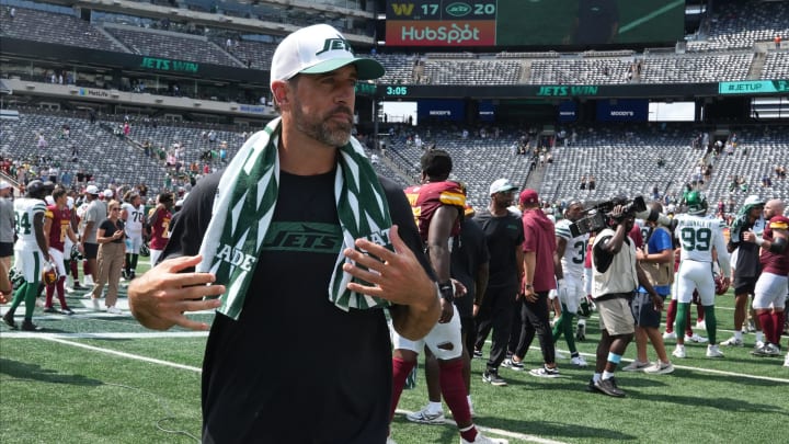 East Rutherford, NJ -- August 10, 2024 -- Aaron Rodgers at the end of the game as the Washington Commanders came to MetLife Stadium to play the New York Jets in the first preseason game of the 2024 season. The Jets topped the Commanders 20-17.