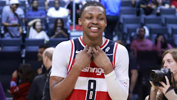 Apr 13, 2025; Miami, Florida, USA; Washington Wizards guard Bub Carrington (8) reacts after the Wizards win against the Miami Heat at Kaseya Center. Mandatory Credit: Rhona Wise-Imagn Images