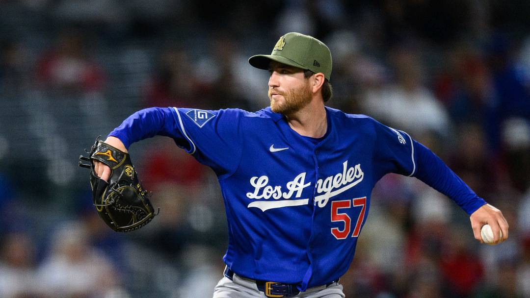 Dodgers pitcher Charlie Barnes (57) delivers during the ninth inning against the Los Angeles Angels at Angel Stadium on May 15.