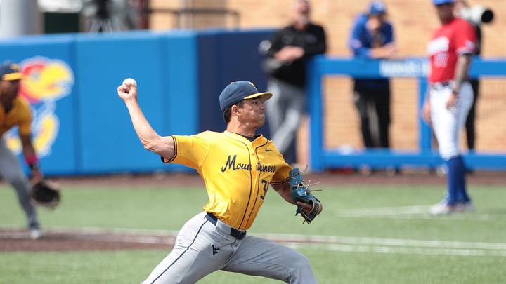 West Virginia Mountaineers junior Dawson Montesa (31) pitches against Kansas Jayhawks during the game inside Hoglund Ballpark on May 10, 2026.