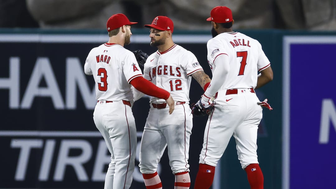 Los Angeles Angels outfielders Taylor Ward, Jo Adell, and Kevin Pillar