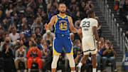 Oct 27, 2025; San Francisco, California, USA; Golden State Warriors guard Stephen Curry (30) reacts after the Warriors made a basket while being fouled against the Memphis Grizzlies in the second quarter at the Chase Center. Mandatory Credit: Cary Edmondson-Imagn Images
