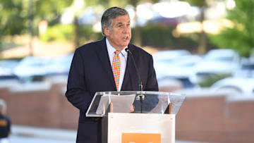 Bob Kesling speaks at an event unveiling four statues of Lester McClain, Jackie Walker, Condredge Holloway, and Tee Martin, with the aim of honoring Black trailblazers from the Vols' past, Thursday, Sept. 2, 2021.

Footballstatues0902 0061