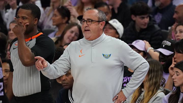 Aug 17, 2026; San Francisco, California, USA;  Dallas Wings head coach Jose Fernandez watches the action against the Golden State Valkyries in the fourth quarter at Chase Center. Mandatory Credit: David Gonzales-Imagn Images