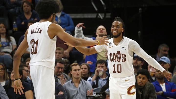 Jan 18, 2023; Memphis, Tennessee, USA; Cleveland Cavaliers guard Darius Garland (10) reacts with Cleveland Cavaliers center Jarrett Allen (31) during the second half against the Memphis Grizzlies at FedExForum. Mandatory Credit: Petre Thomas-USA TODAY Sports