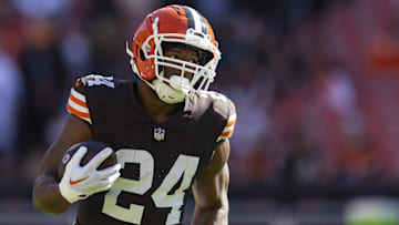 Oct 20, 2024; Cleveland, Ohio, USA; Cleveland Browns running back Nick Chubb (24) runs the ball during warmups before the game against the Cincinnati Bengals at Huntington Bank Field.