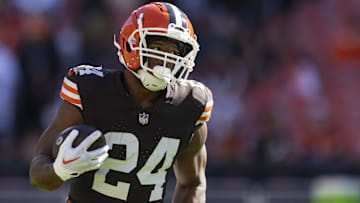 Oct 20, 2024; Cleveland, Ohio, USA; Cleveland Browns running back Nick Chubb (24) runs the ball during warmups before the game against the Cincinnati Bengals at Huntington Bank Field. Mandatory Credit: Scott Galvin-Imagn Images