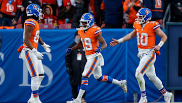 Jan 5, 2025; Denver, Colorado, USA; Denver Broncos wide receiver Marvin Mims Jr. (19) celebrates his touchdown with wide receiver Lil'Jordan Humphrey (84) and quarterback Bo Nix (10) in the third quarter against the Kansas City Chiefs at Empower Field at Mile High. Mandatory Credit: Isaiah J. Downing-Imagn Images