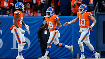 Jan 5, 2025; Denver, Colorado, USA; Denver Broncos wide receiver Marvin Mims Jr. (19) celebrates his touchdown with wide receiver Lil'Jordan Humphrey (84) and quarterback Bo Nix (10) in the third quarter against the Kansas City Chiefs at Empower Field at Mile High. Mandatory Credit: Isaiah J. Downing-Imagn Images