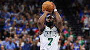 Boston Celtics guard Jaylen Brown (7) shoots a free throw against the Orlando Magic in the third quarter during game four of first round for the 2025 NBA Playoffs at Kia Center. 