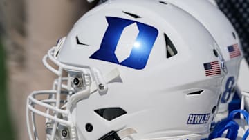 Sep 24, 2022; Lawrence, Kansas, USA; A general view of a Duke Blue Devils helmet against the Kansas Jayhawks during the second half of the game at David Booth Kansas Memorial Stadium. Mandatory Credit: Denny Medley-Imagn Images