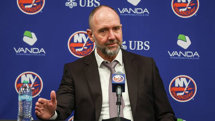 Apr 9, 2026; Elmont, New York, USA; New York Islanders head coach Peter DeBoer speaks to the press following the team’s 5-3 win over the Toronto Maple Leafs at UBS Arena. Mandatory Credit: Wendell Cruz-Imagn Images Apr 9, 2026; Elmont, New York, USA; New York Islanders head coach Peter DeBoer speaks to the press following the team’s 5-3 win over the Toronto Maple Leafs at UBS Arena. Mandatory Credit: Wendell Cruz-Imagn Images