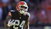 Oct 20, 2024; Cleveland, Ohio, USA; Cleveland Browns running back Nick Chubb (24) runs the ball during warmups before the game against the Cincinnati Bengals at Huntington Bank Field. Mandatory Credit: Scott Galvin-Imagn Images