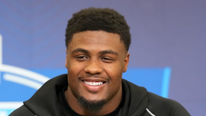 Feb 25, 2026; Indianapolis, IN, USA; Georgia linebacker CJ Allen (LB01) speaks during the NFL Scouting Combine at the Indiana Convention Center. Mandatory Credit: Kirby Lee-Imagn Images