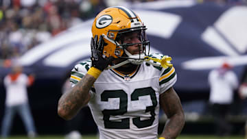 Nov 17, 2024; Chicago, Illinois, USA; Green Bay Packers cornerback Jaire Alexander (23) gestures to the fans before the game against the Chicago Bears at Soldier Field. Mandatory Credit: David Banks-Imagn Images