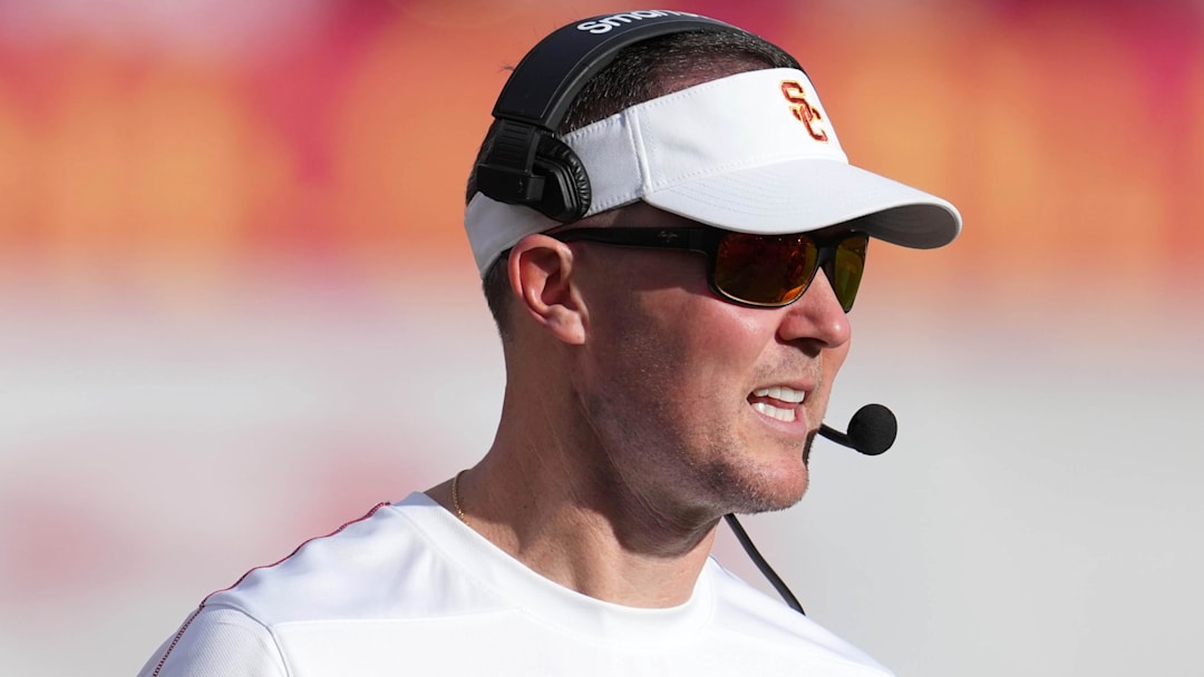 Nov 30, 2024; Los Angeles, California, USA; Southern California Trojans head coach Lincoln Riley reacts against the Notre Dame Fighting Irish in the second half at United Airlines Field at Los Angeles Memorial Coliseum. Mandatory Credit: Kirby Lee-Imagn Images