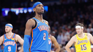 Apr 8, 2025; Oklahoma City, Oklahoma, USA; Oklahoma City Thunder guard Shai Gilgeous-Alexander (2) prepares to shoot a free-throw basket during the second half of a game against the Los Angeles Lakers at Paycom Center. Mandatory Credit: Alonzo Adams-Imagn Images