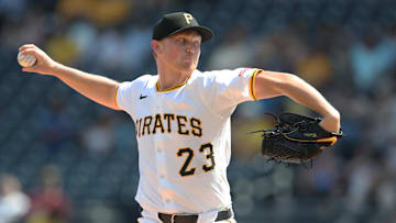 Jun 21, 2025; Pittsburgh, Pennsylvania, USA;  Pittsburgh Pirates starting pitcher Mitch Keller (23) delivers a pitch against the Texas Rangers during the first inning at PNC Park. Mandatory Credit: Charles LeClaire-Imagn Images